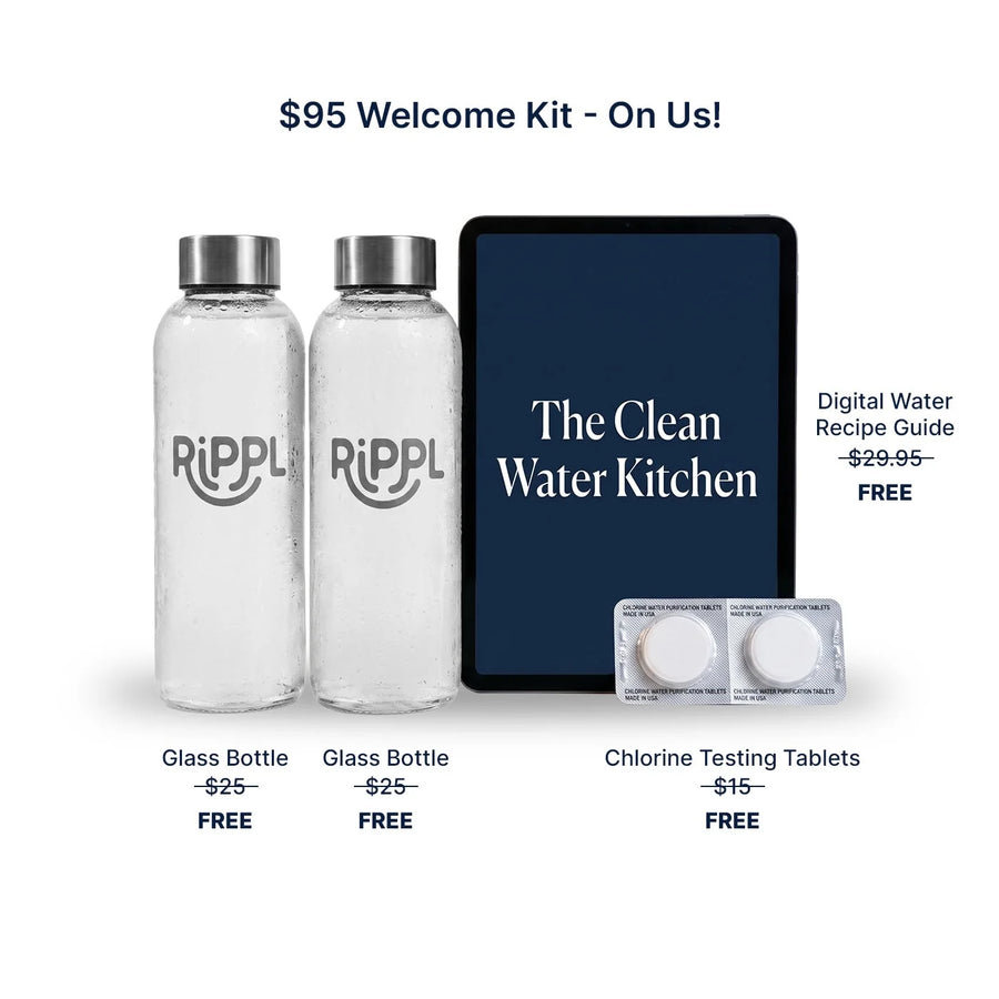 Rippl Nano welcome kit: two glass bottles, digital water recipe guide and chlorine testing tablets, $95 value