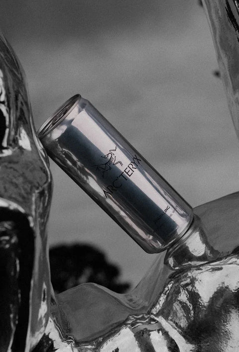 An Arc'teryx can resting on a chrome sculpture